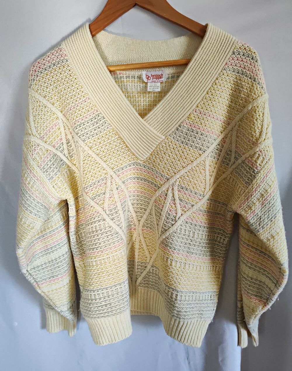 Beldach Popper Ivory Striped Cable-Knit V-Neck Pullover Sweater S